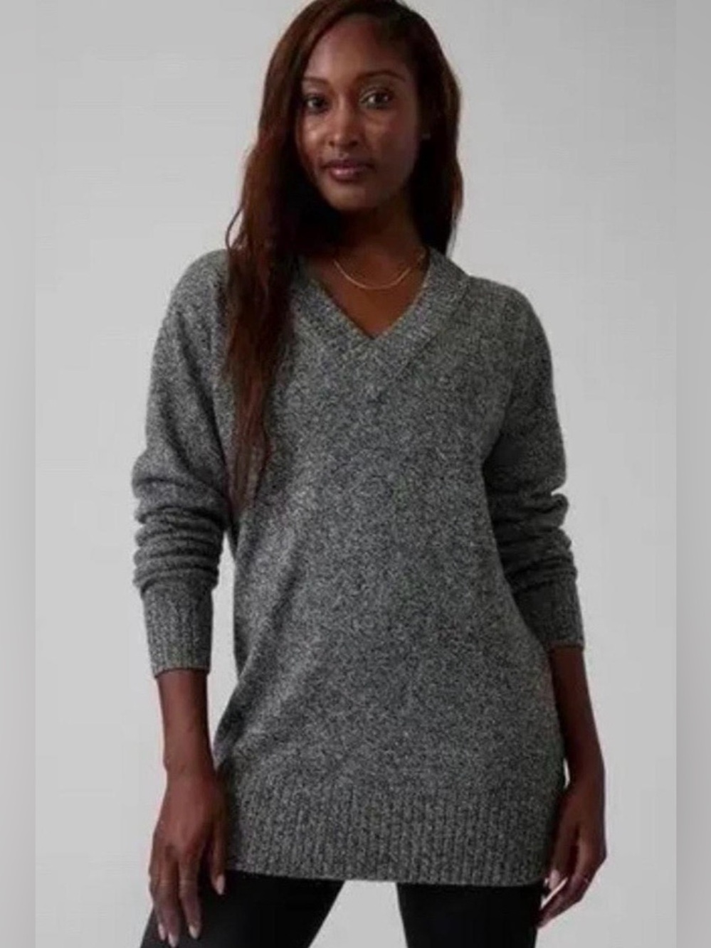 ATHLETA Vital V-Neck Tunic Sweater Cashmere Wool Blend Gray Heathered Top XS